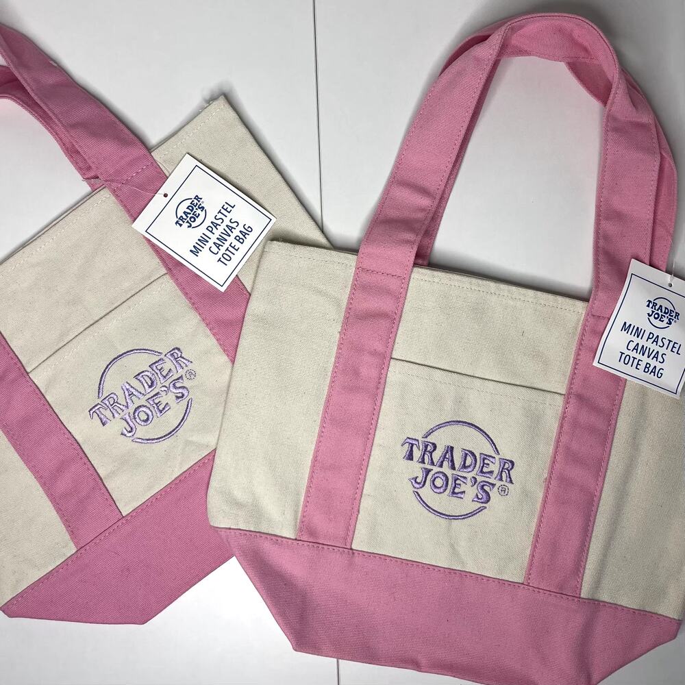 Set of 2 Trader Joe’s Canvas MINI Tote Bag w/ Pocket — PASTEL PINK + Purple NEW!